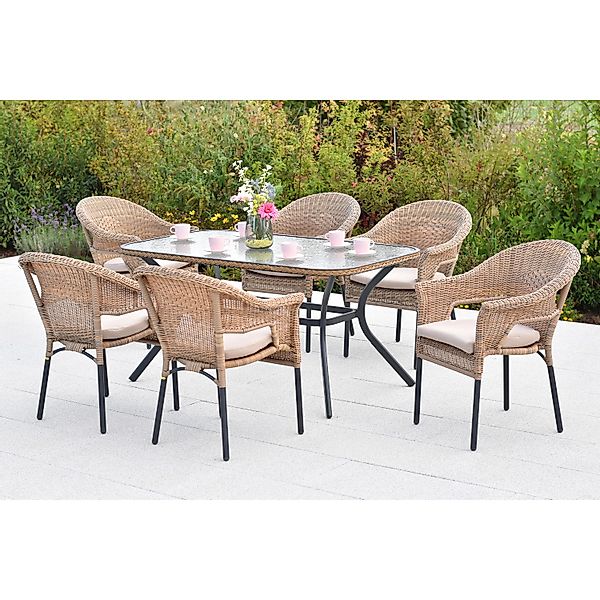 Merxx Ravenna Set 13-tlg. 6 Stapelsessel 6 Sitzkissen Tisch 150 x 85 cm Nat günstig online kaufen