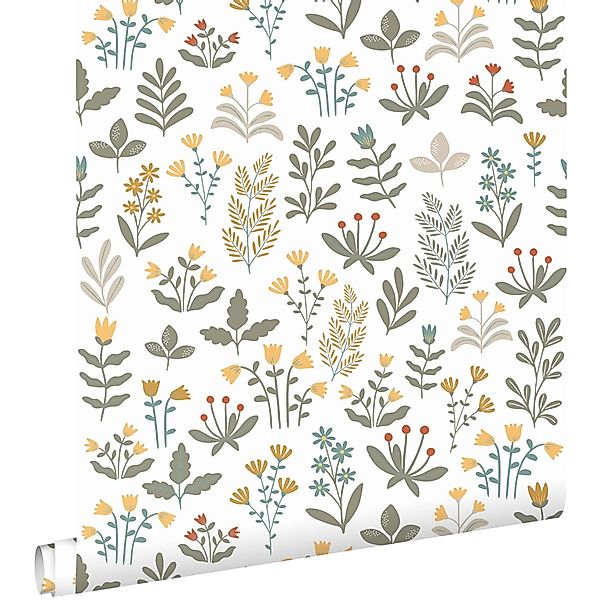 ESTAhome Tapete Feldblumen Dunkelgrün und Gelb 50 x 900 cm günstig online kaufen