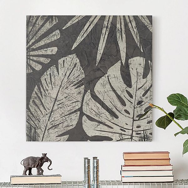 Leinwandbild Botanik - Quadrat Palmenblätter vor Dunkelgrau günstig online kaufen
