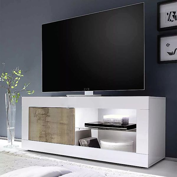 Modernes TV-Element in Weiß & Holz verwittert 140 cm breit günstig online kaufen