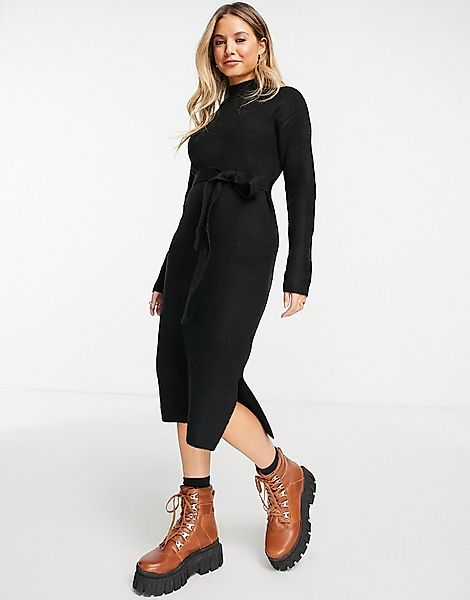 New Look – Strickkleid in Schwarz mit Taillenschnürung und Rollkragen günstig online kaufen