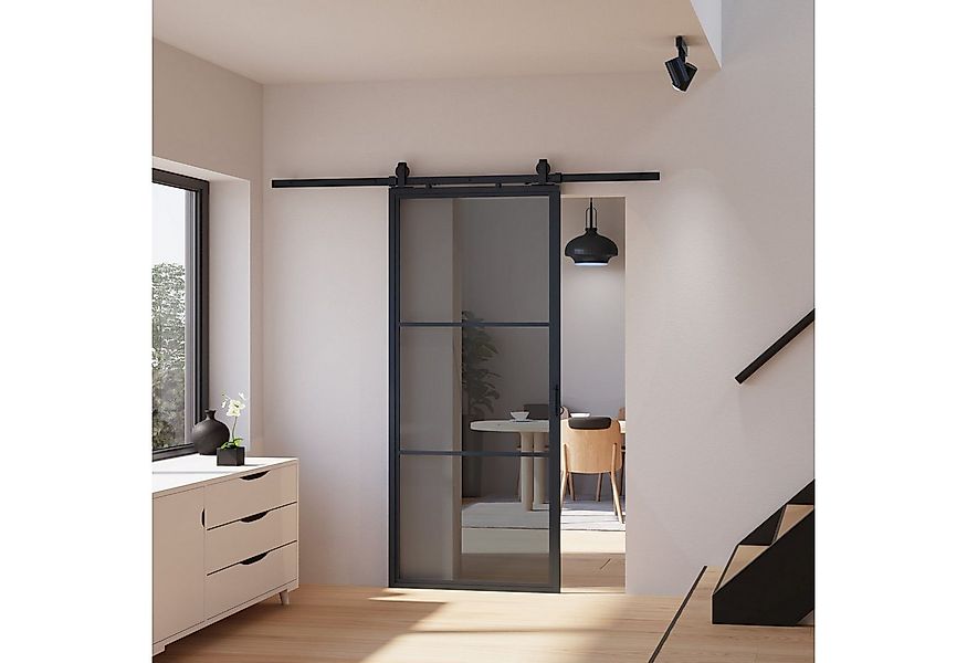 inova wohnen Glasschiebetür Grauglas mit schwarzem Stahlrahmen (Komplett Se günstig online kaufen