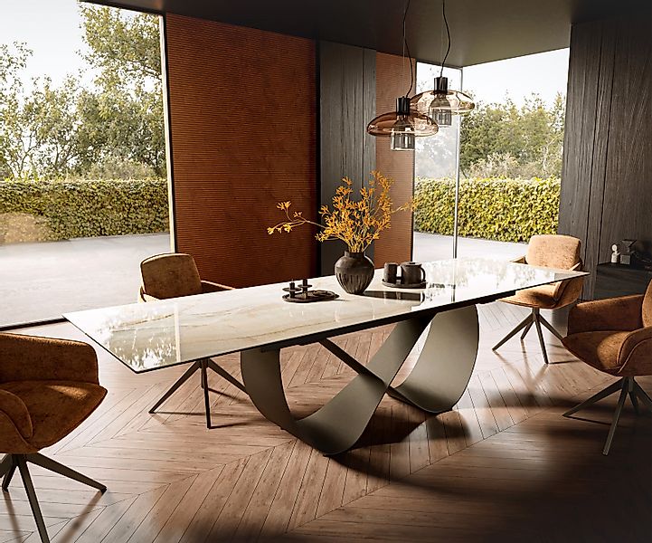 Esstisch Edge 200-300x100 Keramik Laminam® Onice Oro Infinity Metall Effekt günstig online kaufen