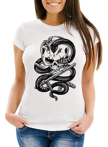 Neverless Print-Shirt Damen T-Shirt Totenkopf Schlange günstig online kaufen