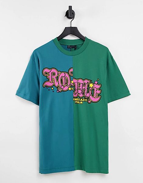 ASOS DESIGN – Locker geschnittenes T-Shirt in Blau und Grün im Farbblockdes günstig online kaufen