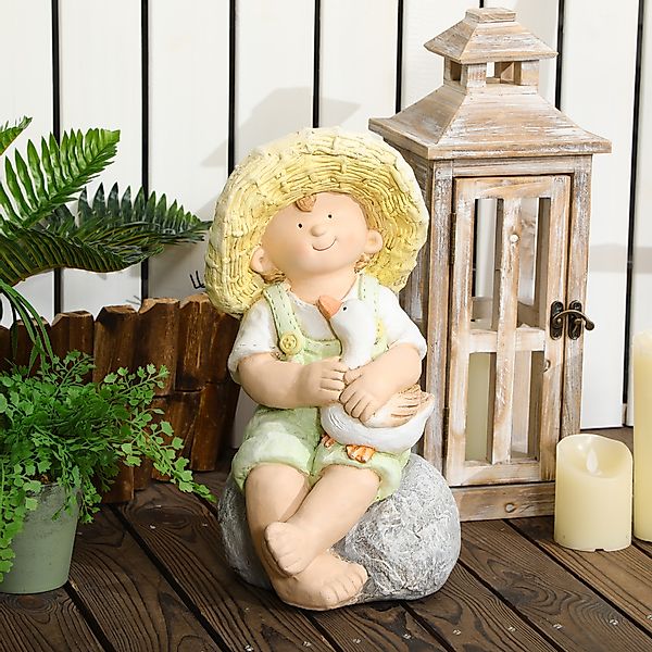 Outsunny Kleiner Junge mit Strohhut 43 cm wetterbeständige Gartenstatue, Ou günstig online kaufen