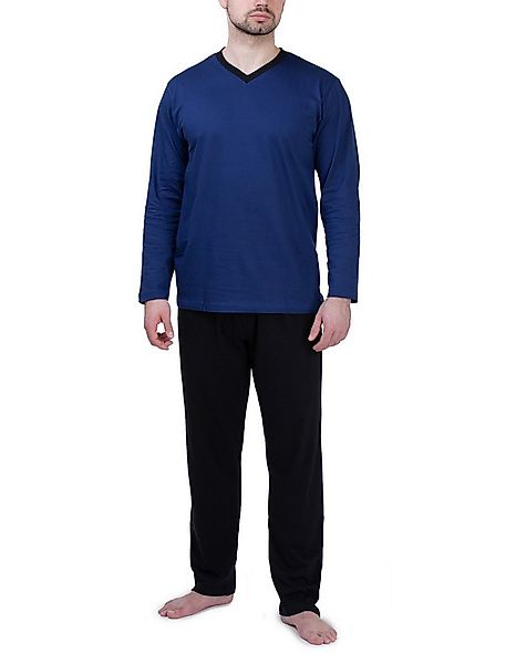 Moonline Pyjama Schlafanzug lang, 100% Baumwolle mit V-Ausschnitt und Strei günstig online kaufen