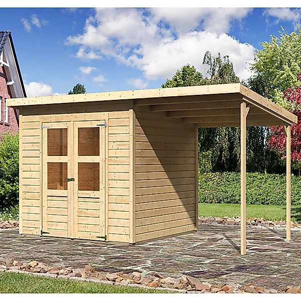 Karibu Holz-Gartenhaus Neuenburg Natur 370 cm x 210 cm davon 162 cm Anbauba günstig online kaufen