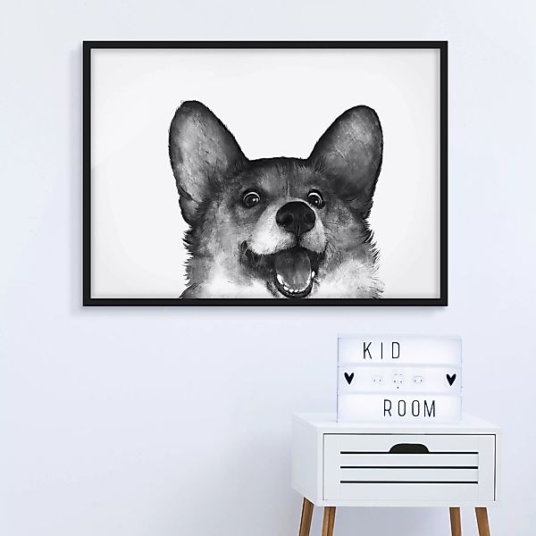 Bild mit Rahmen Tiere - Querformat Illustration Hund Corgi Weiß Schwarz Mal günstig online kaufen
