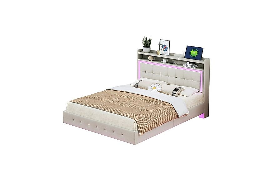 Flieks Polsterbett, LED Doppelbett 140x200cm mit USB-Laden und Stauraum am günstig online kaufen