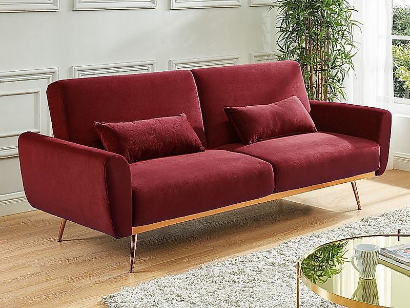 Schlafsofa Klappsofa 3-Sitzer - Samt - Bordeauxrot - LAUNEI günstig online kaufen