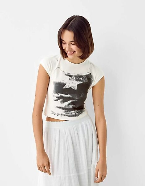 Bershka T-Shirt Mit Kurzen Ärmeln Und Print Damen S Rohweiß günstig online kaufen