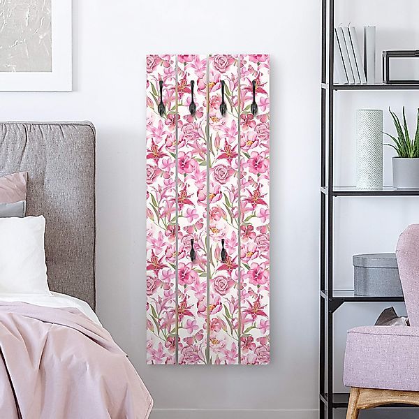 Wandgarderobe Pinke Blumen mit Schmetterlingen günstig online kaufen