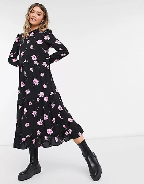 New Look – Midi-Hängerkleid mit Rüschenärmeln und rosa Blumenmuster-Schwarz günstig online kaufen