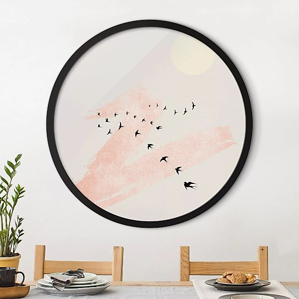 Rundes Gerahmtes Bild Vogelschwarm vor Rosa Himmel günstig online kaufen
