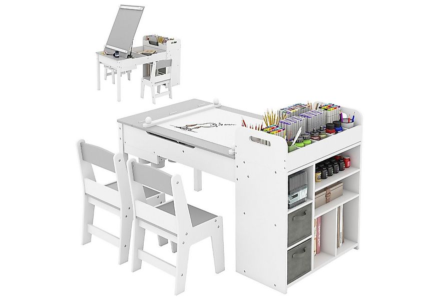 COSTWAY Kinderschreibtisch (3-St), Kindersitzgruppe mit klappbarer Tischpla günstig online kaufen