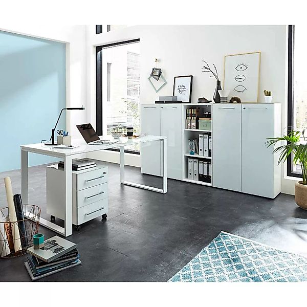 Arbeitszimmermöbel Set in Weiß Glas beschichtet (fünfteilig) günstig online kaufen
