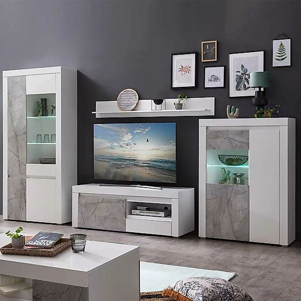 Schrankwand Wohnzimmer in Weiß & Steinoptik Grau TV Platz (vierteilig) günstig online kaufen