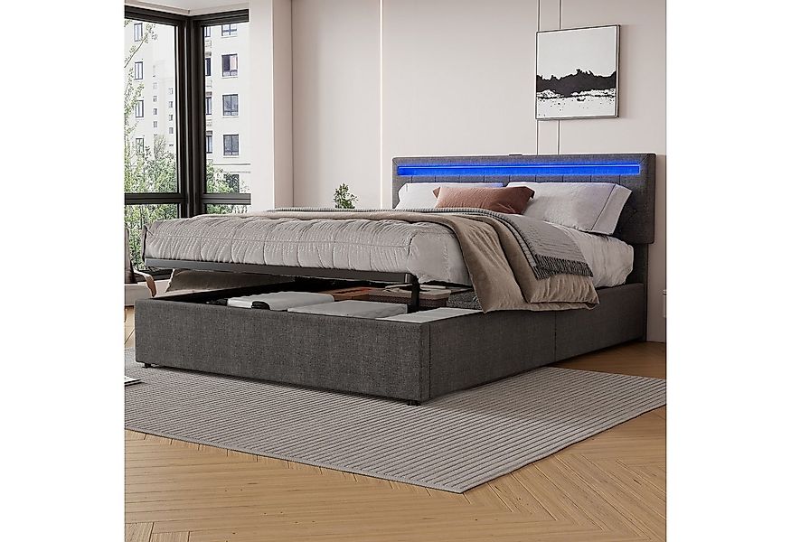 Flieks Polsterbett, LED Hydraulisches Doppelbett 160x200cm mit Ladefunktion günstig online kaufen