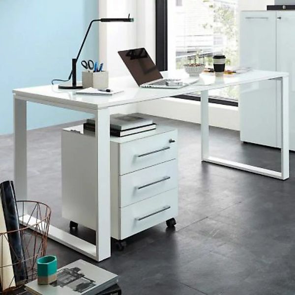 Lomadox Büro Schreibtisch & Container Set in weiß MONTERO-01mit Glasfronten günstig online kaufen