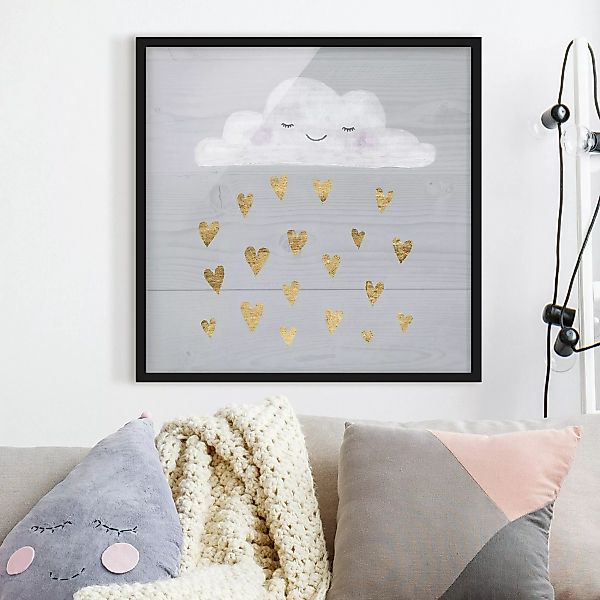 Bild mit Rahmen Kinderzimmer - Quadrat Wolke mit goldenen Herzen günstig online kaufen