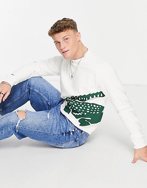 Lacoste – Sweatshirt mit Krokodil-Print und Rundhalsausschnitt-Weiß günstig online kaufen
