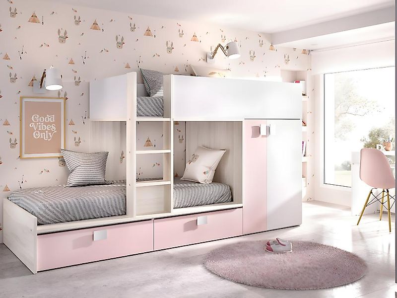 Etagenbett mit Kleiderschrank + Matratzen - 2x 90 x 190 cm - Weiß, Naturfar günstig online kaufen