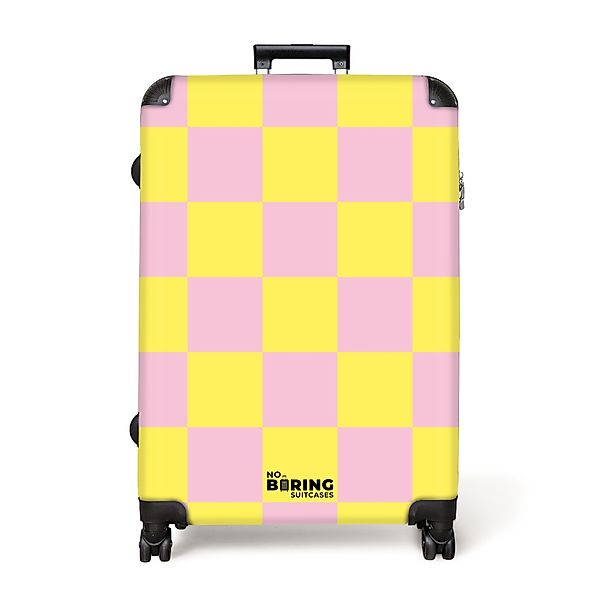 NoBoringSuitcases.com© Hartschalen-Trolley Gelb mit rosa Schachbrettmuster günstig online kaufen