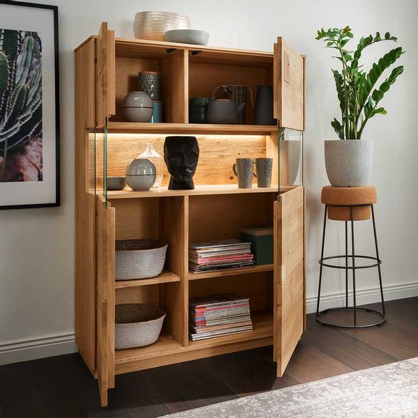 Wohnzimmer Highboard massiv in Wildeichefarben Glastüren günstig online kaufen