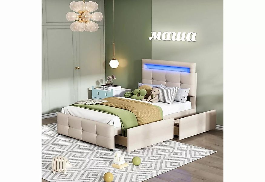 Merax Polsterbett mit 2 Schubladen und LED-Beleuchtung, Einzelbett 90x200 c günstig online kaufen