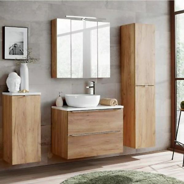 Lomadox Badezimmermöbel Set mit Wäscheschrank TOSKANA-56 Wotaneiche & weiß günstig online kaufen
