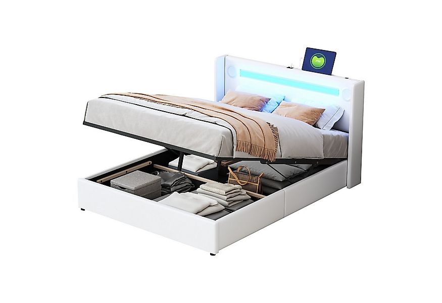 Flieks Polsterbett, LED Beleuchtung/Bluetooth/USB-Aufladen Doppelbett 140x2 günstig online kaufen