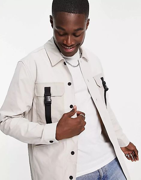 Topman – Hemd in der Farbe Stein mit Vier-Taschen-Design und Schnallendetai günstig online kaufen