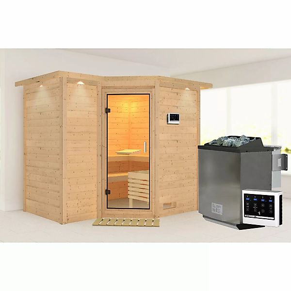 Karibu Sauna Steena 2 mit Bio-Ofen externe Stg.Easy LED-Dachkranz Natur günstig online kaufen