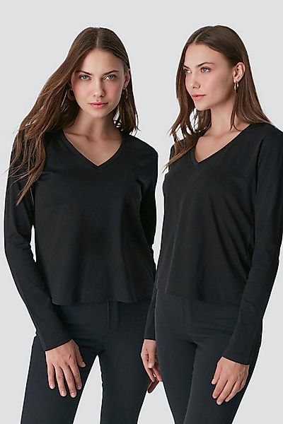 C&CITY Schlafanzug V-Ausschnitt Langarm 2er-Pack Basic T-Shirt günstig online kaufen