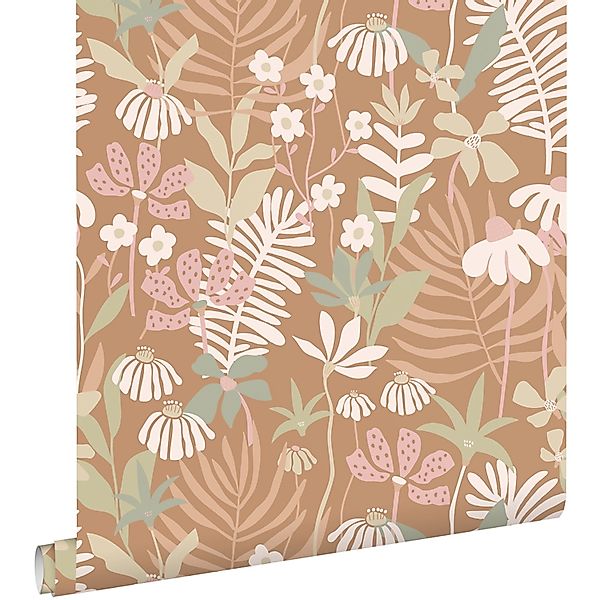 ESTAhome Tapete Tropische Blätter Und Blüten Hellbraun Und Mehrfarbig 50 X günstig online kaufen