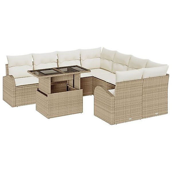vidaXL Loungesofa 9-tlg. Garten-Sofagarnitur mit Kissen Beige Poly Rattan, günstig online kaufen