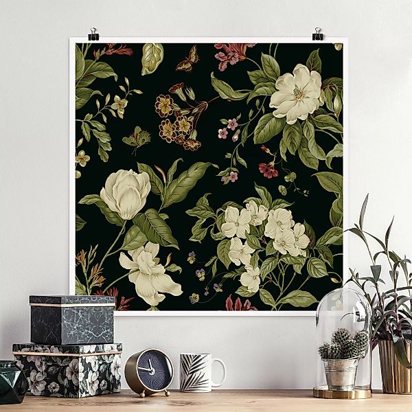 Poster - Quadrat Gartenblumen auf Schwarz I günstig online kaufen