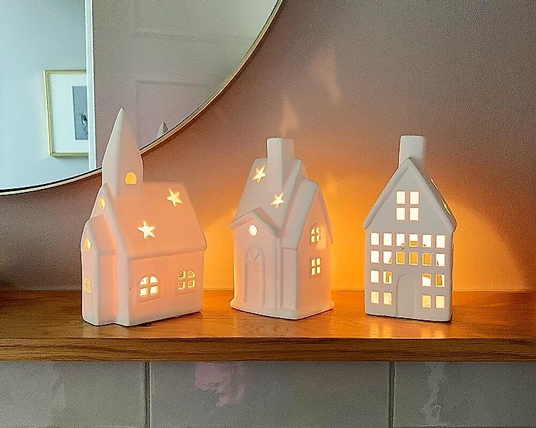 Lichthaus Keramik Weiß 3 Stück für Teelichter Lichthäuser Weihnachtsdeko günstig online kaufen