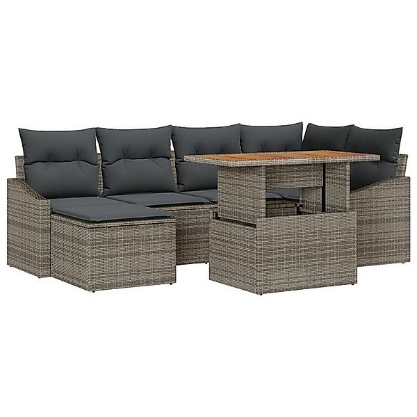 vidaXL Loungesofa 7-teiliges Garten Essset mit Kissen in Grau aus Poly Ratt günstig online kaufen