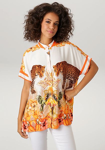 Aniston CASUAL Kurzarmbluse mit Leoparden, tropischen Vögeln, Blüten + Blät günstig online kaufen