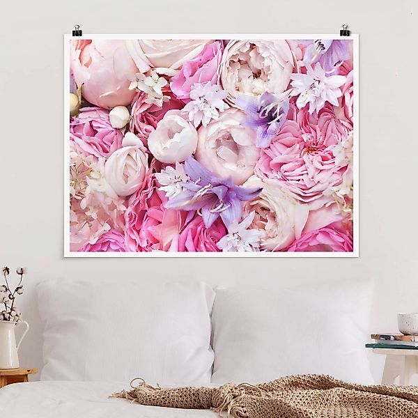 Poster Blumen - Querformat Shabby Rosen mit Glockenblumen günstig online kaufen