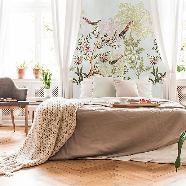 PROFHOME 398741-GU Fototapete Vogelmuster Grau Grün Rosa Braun 1,59 m x 2,8 günstig online kaufen