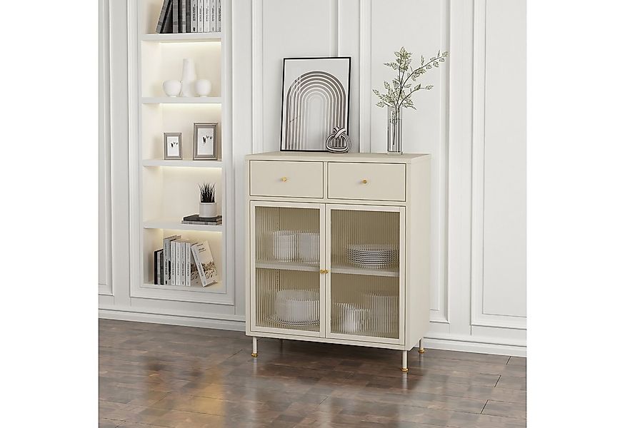 en.casa Sideboard, »Lindau« mit 2 Glastüren Stahl 97 x 80 x 40 cm Cremeweiß günstig online kaufen