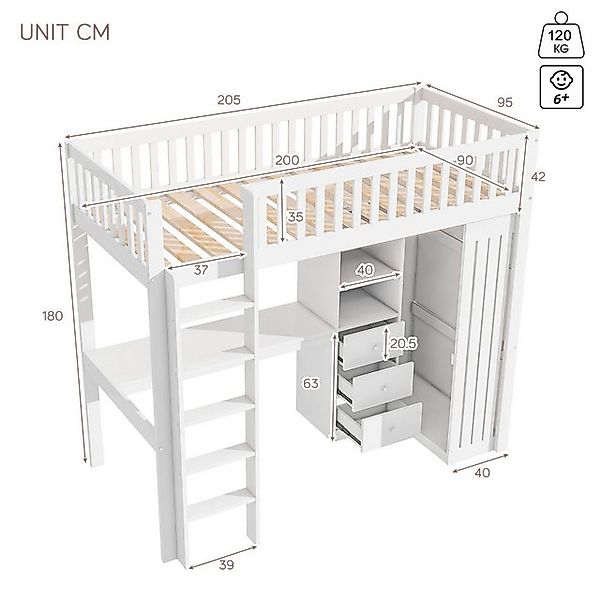 Flieks Hochbett Holzbett 90x200cm mit Schreibtisch Kleiderschrank Schublade günstig online kaufen