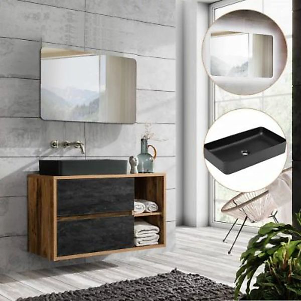 Lomadox Badmöbel Waschtisch Set Keramik-Waschtisch und LED-Spiegel HARLOW-5 günstig online kaufen