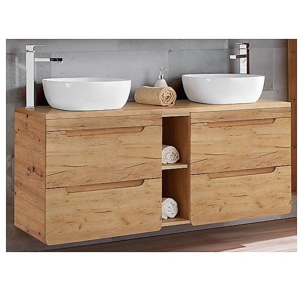 Lomadox Waschtisch LUTON-56-CRAFT, Wotan Eiche Nb. mit 2 Keramikbecken 141/ günstig online kaufen