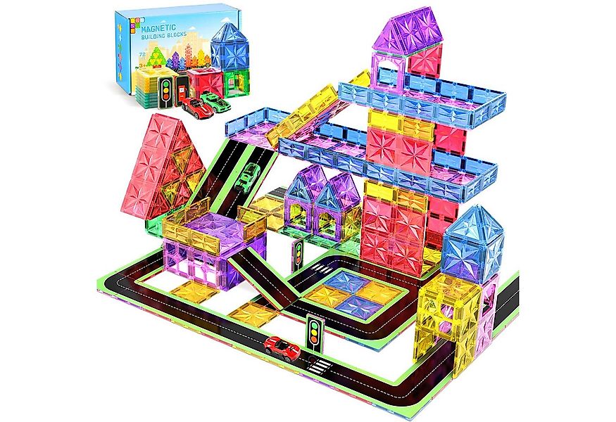 POPOLIC Magnetische Bausteine Set, 72 Teile mit 2 Autos für Kinder ab 3 Jah günstig online kaufen