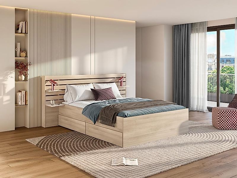 Bett 140 x 190/200 cm mit Stauraum + Lattenrost - Holzfarben - TENALIA II günstig online kaufen