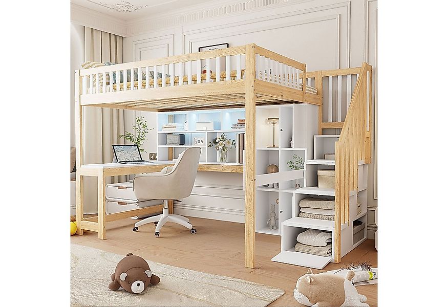 Flieks Hochbett Kinderbett 140x200cm mit Ambientelicht, Ablagefächer und Sc günstig online kaufen